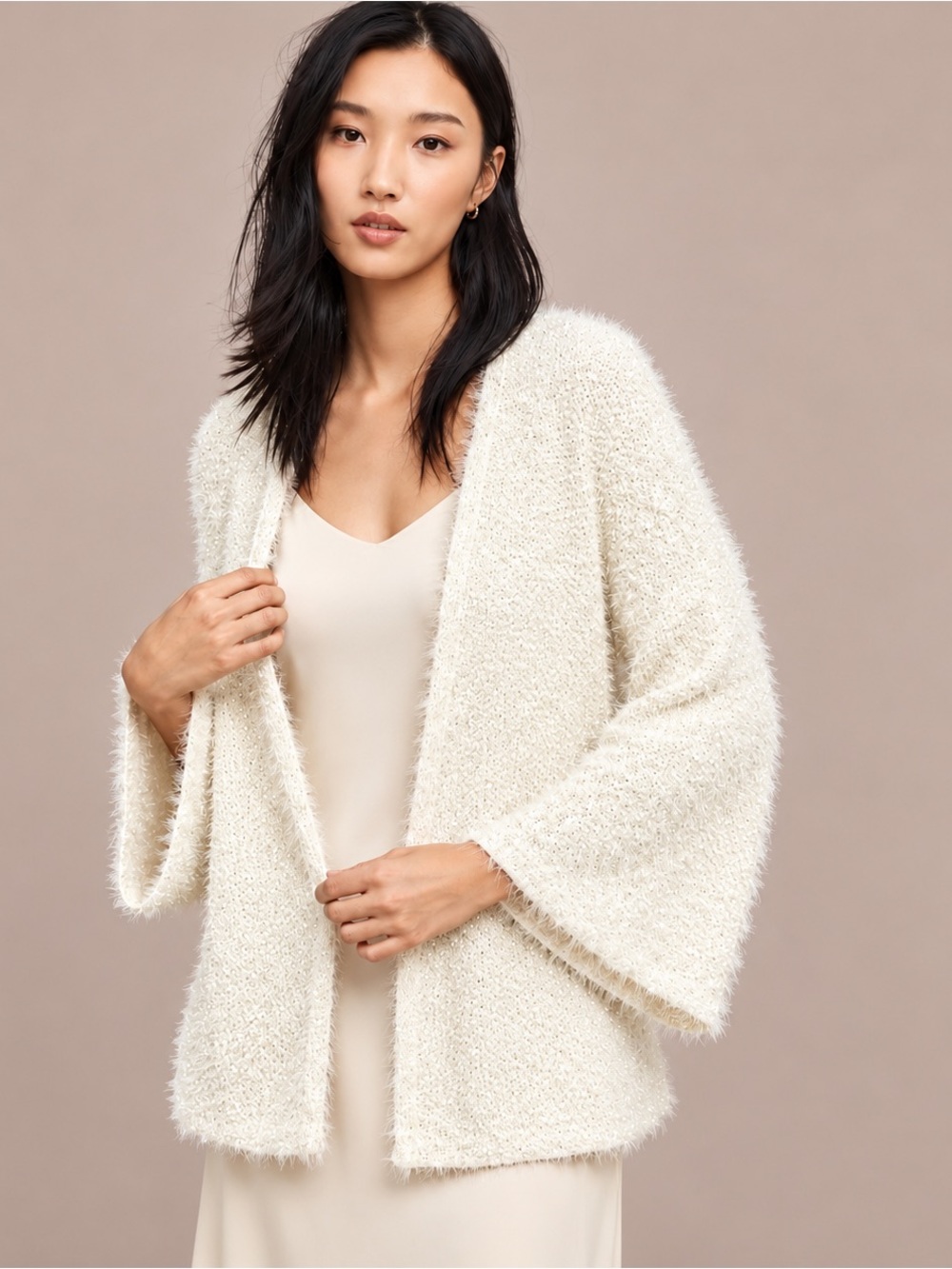Sleeping on Snow Anthropologie Fuzzy Metallic Open Cardigan Cream Size L NWT